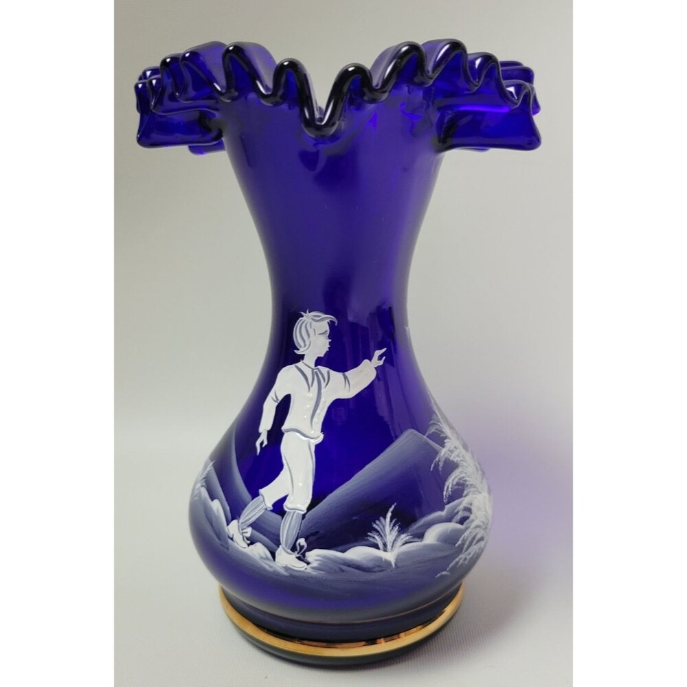 Vintage Egermann Blue Mary Gregory Hand Painted Ruffle Top Czech Glass Vase‎